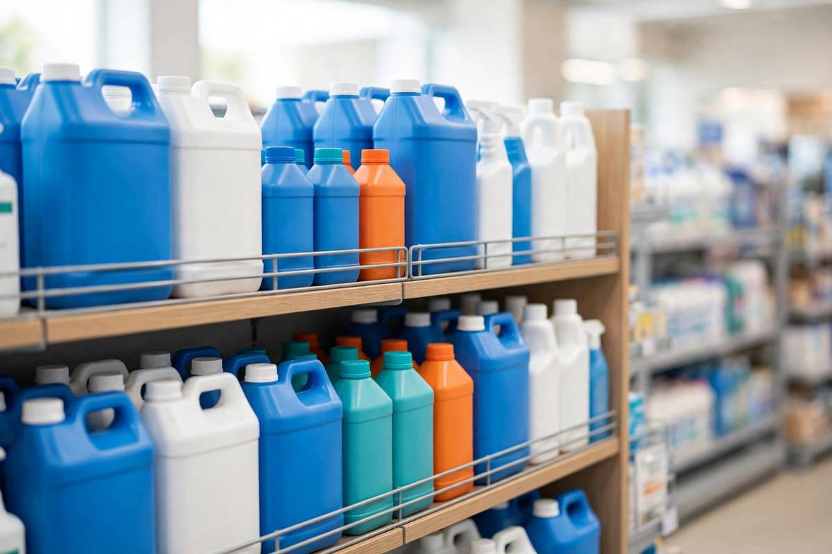 Shelves stocked with pool chemical jugs